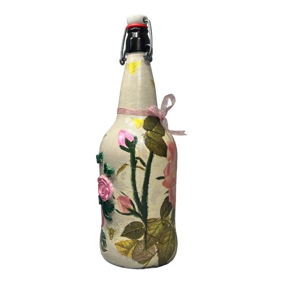 Hand Painted, Decoupaged and Clay Molded Flip Top Glass Bottle Vintage 3D Roses - Picture 5 of 15